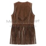 Back view of Brown Western Embroidered Suede Fringe Vest featuring silver stud detailing along the seams and long fringe at the hem on a white background.