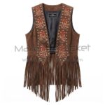 Front view of Brown Western Embroidered Suede Fringe Vest featuring colorful floral embroidery, silver studs, and long fringe along the hem, shown on a white background.