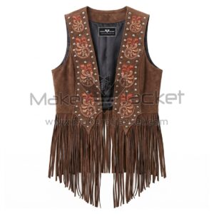 Front view of Brown Western Embroidered Suede Fringe Vest featuring colorful floral embroidery, silver studs, and long fringe along the hem, shown on a white background.