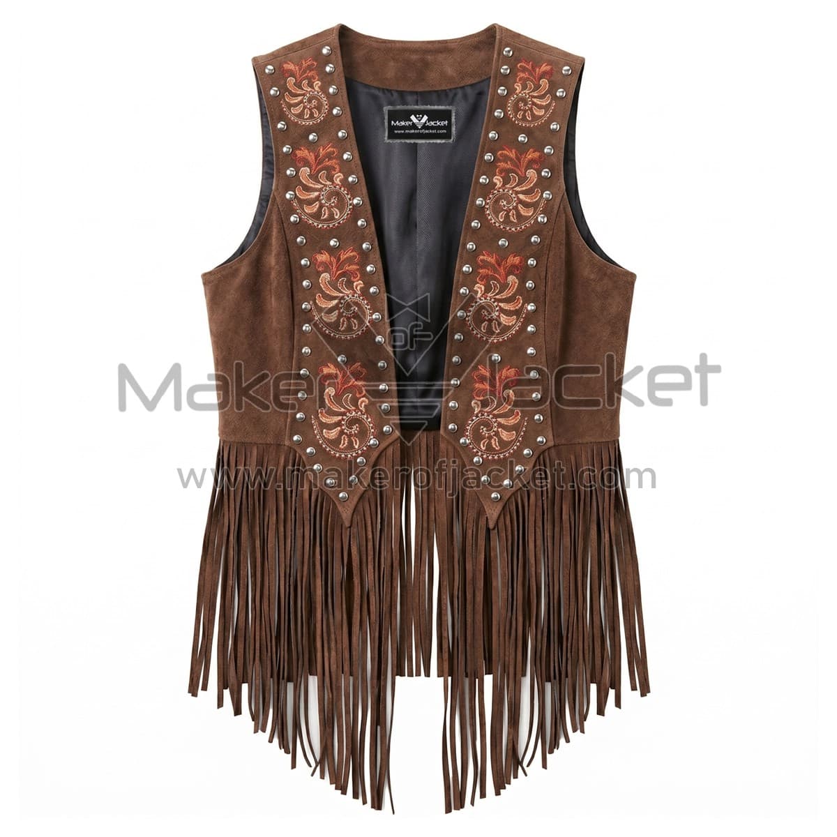 Brown Western Embroidered Suede Fringe Vest Front Front view of Brown Western Embroidered Suede Fringe Vest featuring colorful floral embroidery, silver studs, and long fringe along the hem, shown on a white background.