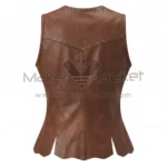 Back view of Brown Zip Front Studded Leather Vest featuring a studded V-shaped yoke, vertical center seam, and a scalloped hem with multiple stylish slits.