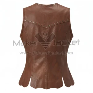 Back view of Brown Zip Front Studded Leather Vest featuring a studded V-shaped yoke, vertical center seam, and a scalloped hem with multiple stylish slits.