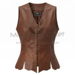 Front view of Brown Zip Front Studded Leather Vest featuring V-neck, zipper, and silver studs with braided details and a scalloped hem with side slits with MAKER OF JACKET brand label.