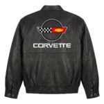 Back view of Corvette C4 Racing Black Leather Jacket featuring a large embroidered Chevrolet Corvette C4 crossed flags logo above white "CORVETTE" text.