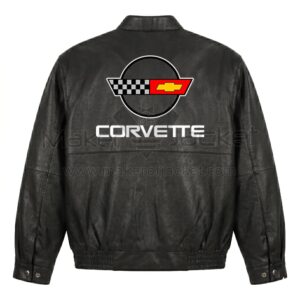 Back view of Corvette C4 Racing Black Leather Jacket featuring a large embroidered Chevrolet Corvette C4 crossed flags logo above white "CORVETTE" text.