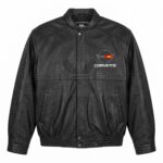 Front view of Corvette C4 Racing Black Leather Jacket featuring a snap collar, embroidered Chevrolet Corvette C4 crossed flags logo on the left chest.