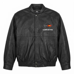 Front view of Corvette C4 Racing Black Leather Jacket featuring a snap collar, embroidered Chevrolet Corvette C4 crossed flags logo on the left chest.