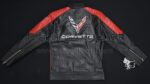Corvette C8 Block Leather Jacket Back View with Corvette Logo and CORVETTE Text Design.