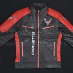 Corvette C8 Block Black and Red Cowhide Leather Jacket Front View with Corvette Logo and Zipper Pockets.