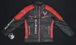 Corvette C8 Block Black and Red Cowhide Leather Jacket Front View with Corvette Logo and Zipper Pockets.