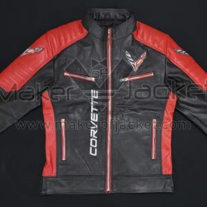 Corvette C8 Block Black and Red Cowhide Leather Jacket Front View with Corvette Logo and Zipper Pockets.