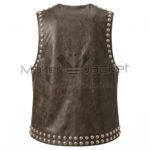 Back view of Distressed Brown Open Front Studded Leather Vest featuring a high neckline and rows of large silver studs along the armholes and bottom hem.