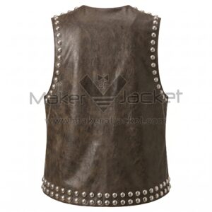 Back view of Distressed Brown Open Front Studded Leather Vest featuring a high neckline and rows of large silver studs along the armholes and bottom hem.