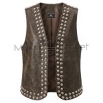 Front view of Distressed Brown Open Front Studded Leather Vest featuring an open front, deep V-neckline, and rows of large silver studs along the edges and hem.