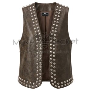 Front view of Distressed Brown Open Front Studded Leather Vest featuring an open front, deep V-neckline, and rows of large silver studs along the edges and hem.
