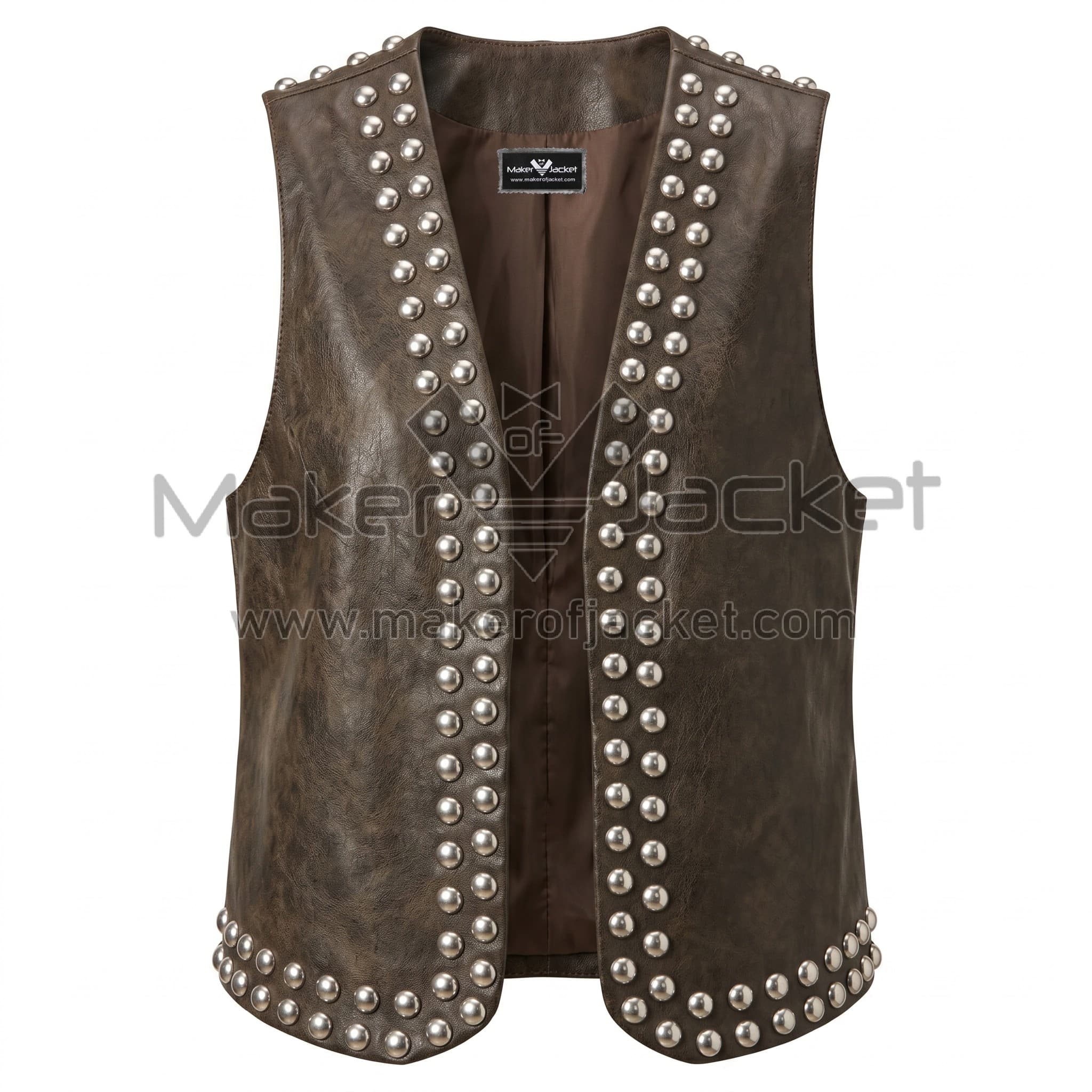 Distressed Brown Open Front Studded Leather Vest Front Front view of Distressed Brown Open Front Studded Leather Vest featuring an open front, deep V-neckline, and rows of large silver studs along the edges and hem.