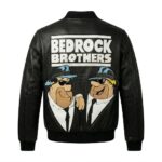 Back view of Flintstone Bedrock Brothers Black Leather Bomber Jacket featuring "BEDROCK BROTHERS" text above Fred Flintstone and Barney Rubble dressed as the Blues Brothers.