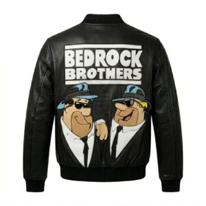 Back view of Flintstone Bedrock Brothers Black Leather Bomber Jacket featuring "BEDROCK BROTHERS" text above Fred Flintstone and Barney Rubble dressed as the Blues Brothers.