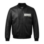 Front view of Flintstone Bedrock Brothers Black Leather Bomber Jacket featuring a center zipper, ribbed cuffs, and "BEDROCK BROTHERS" in white on the left chest.