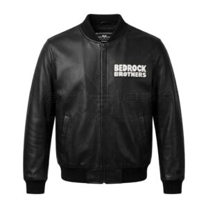 Front view of Flintstone Bedrock Brothers Black Leather Bomber Jacket featuring a center zipper, ribbed cuffs, and "BEDROCK BROTHERS" in white on the left chest.