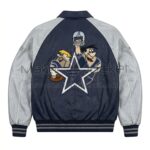 Back view of Flintstones Dallas Cowboys Leather Bomber Jacket featuring a large patch of Fred Flintstone and Barney Rubble behind a Dallas Cowboys star logo.