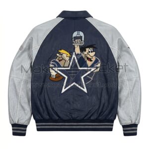 Back view of Flintstones Dallas Cowboys Leather Bomber Jacket featuring a large patch of Fred Flintstone and Barney Rubble behind a Dallas Cowboys star logo.