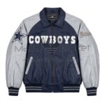 Front view of Flintstones Dallas Cowboys Leather Bomber Jacket featuring a Dallas star on the right sleeve and a Flintstones logo on the left sleeve.