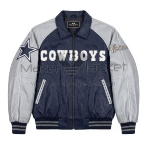 Front view of Flintstones Dallas Cowboys Leather Bomber Jacket featuring a Dallas star on the right sleeve and a Flintstones logo on the left sleeve.