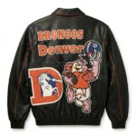 Back view of Flintstones Denver Broncos Leather Bomber Jacket featuring "BRONCOS Denver" text, a Denver Broncos logo, and a patch of Fred Flintstone in a football uniform.
