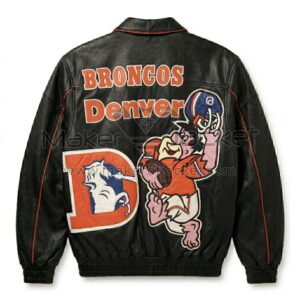 Back view of Flintstones Denver Broncos Leather Bomber Jacket featuring "BRONCOS Denver" text, a Denver Broncos logo, and a patch of Fred Flintstone in a football uniform.