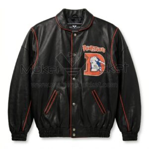 Front view of Flintstones Denver Broncos Leather Bomber Jacket featuring a large orange "D" Denver Broncos logo patch and "Flintstones" text on the chest.