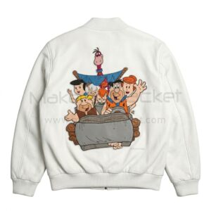 Back view of Flintstones Family Car Ride White Leather Bomber Jacket features a large leather applique artwork of The Flintstones characters riding in their iconic stone family car.