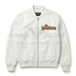 Front view of Flintstones Family Car Ride White Leather Bomber Jacket features yellow and orange embroidered "The Flintstones" logo on the left chest.