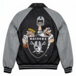 Back view of Flintstones Las Vegas Raiders Bomber Leather Jacket featuring a large back patch of Fred Flintstone and Barney Rubble behind the Las Vegas Raiders logo.