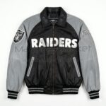 Front view of Flintstones Las Vegas Raiders Bomber Leather Jacket eaturing white RAIDERS across the chest and raiders logo on right arm and the Flintstones logo on left arm.