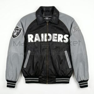 Front view of Flintstones Las Vegas Raiders Bomber Leather Jacket eaturing white RAIDERS across the chest and raiders logo on right arm and the Flintstones logo on left arm.