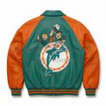 Back view of Flintstones Miami Dolphins Leather Bomber Jacket featuring a large patch of Fred Flintstone and Barney Rubble behind a Miami Dolphins logo.