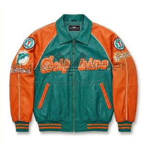 Front view of Flintstones Miami Dolphins Leather Bomber Jacket featuring "Dolphins" across the chest and The Flintstones logos on the sleeves.