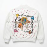 Back view of Flintstones Modern Stoneage Family White Leather Bomber Jacket featuring covered in pink polka dots, featuring a large graphic of Fred and Wilma Flintstone with theme song lyrics.