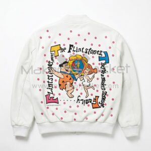 Back view of Flintstones Modern Stoneage Family White Leather Bomber Jacket featuring covered in pink polka dots, featuring a large graphic of Fred and Wilma Flintstone with theme song lyrics.