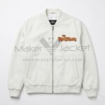 Front view of Flintstones Modern Stoneage Family White Leather Bomber Jacket featuring an embroidered orange 'The Flintstones' logo on the left chest