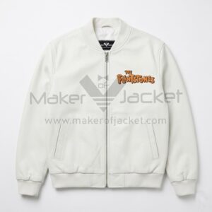 Front view of Flintstones Modern Stoneage Family White Leather Bomber Jacket featuring an embroidered orange 'The Flintstones' logo on the left chest