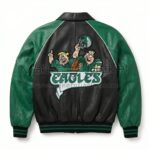 Back view of Flintstones Philadelphia Eagles Leather Bomber Jacket featuring a large patch of Fred Flintstone and Barney Rubble behind a Philadelphia Eagles logo.