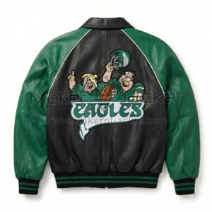 Back view of Flintstones Philadelphia Eagles Leather Bomber Jacket featuring a large patch of Fred Flintstone and Barney Rubble behind a Philadelphia Eagles logo.