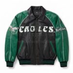 Front view of Flintstones Philadelphia Eagles Leather Bomber Jacket featuring "EAGLES" text across the chest and a Flintstones logo patch on the left sleeve.
