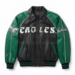 Front view of Flintstones Philadelphia Eagles Leather Bomber Jacket featuring "EAGLES" text across the chest and a Flintstones logo patch on the left sleeve.