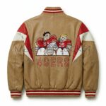 Back view of Flintstones San Francisco 49ers Leather Bomber Jacket featuring Fred Flintstone and Barney Rubble in football gear above the embroidered red text "49ERS".