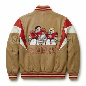 Back view of Flintstones San Francisco 49ers Leather Bomber Jacket featuring Fred Flintstone and Barney Rubble in football gear above the embroidered red text "49ERS".