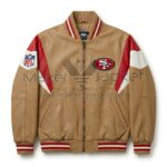 Front view of Flintstones San Francisco 49ers Leather Bomber Jacket featuring a San Francisco 49ers logo patch on the chest and an NFL shield on the sleeve.