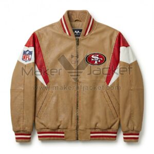 Front view of Flintstones San Francisco 49ers Leather Bomber Jacket featuring a San Francisco 49ers logo patch on the chest and an NFL shield on the sleeve.